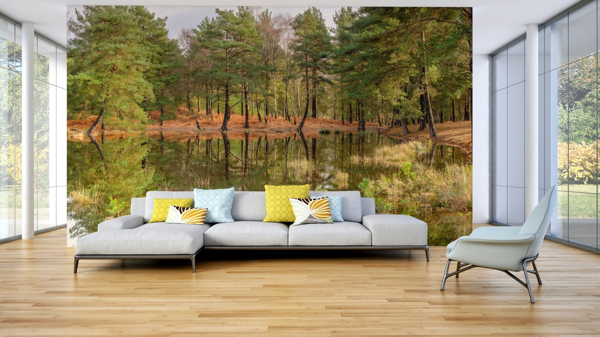 A close-up of the detailed texture in the trees and water.

