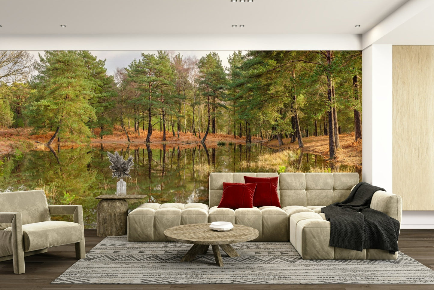 The wallpaper is used as a feature wall in a bedroom.

