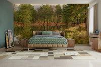 A minimalist interior with the forest-themed wallpaper.

