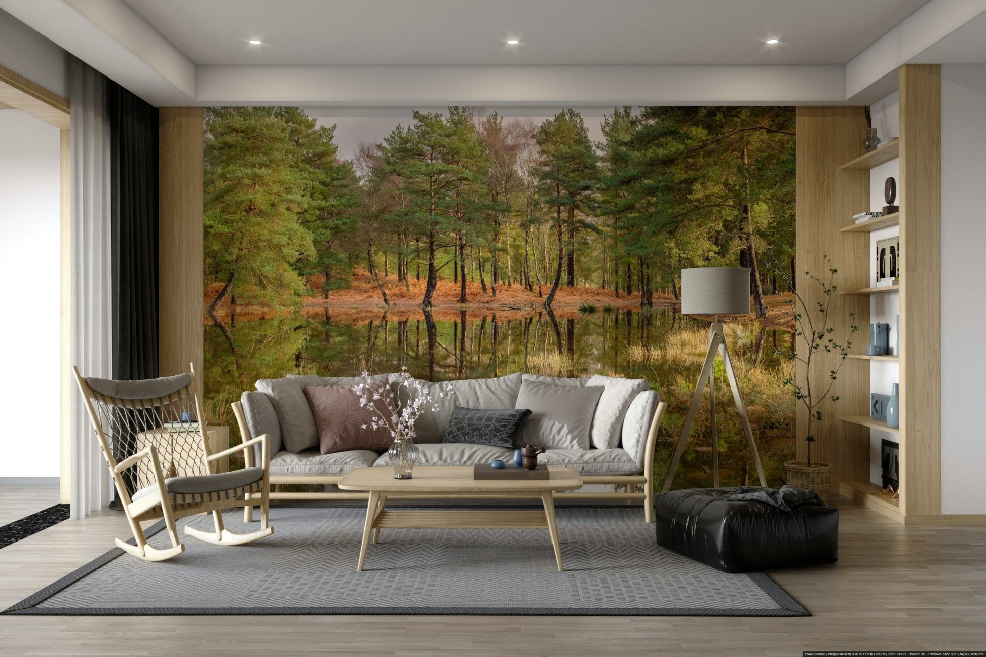 The peel and stick wallpaper showing realistic nature textures.

