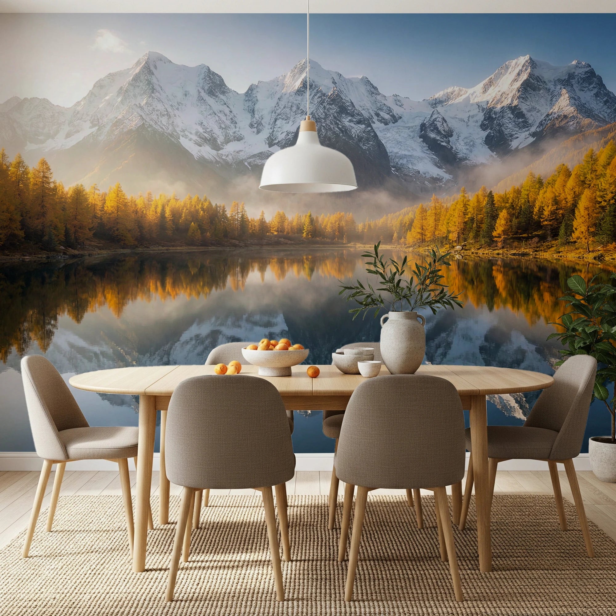 Dining room with Mirror Mountain Wall Mural showing lake reflection, GD8503