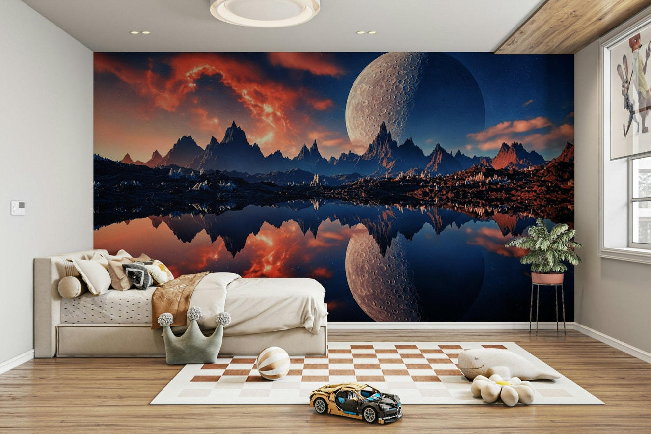 A peaceful wall mural with a symmetrical or mirrored scene.

