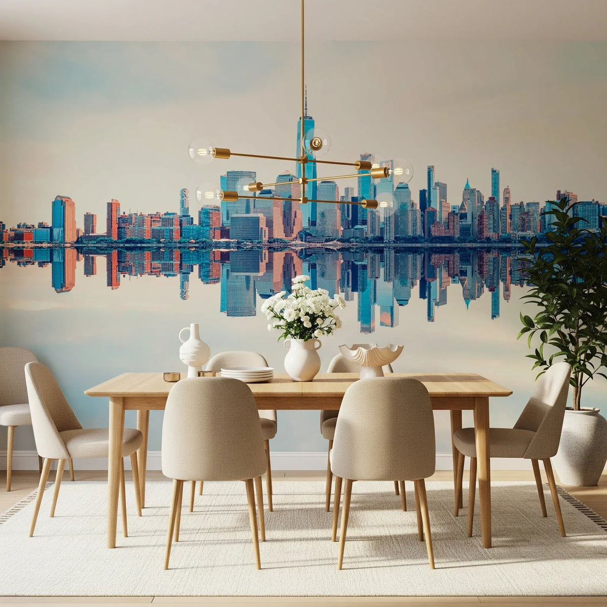 Dining room with Mirrored Metropolis wall mural and reflected city skyline, GD8047