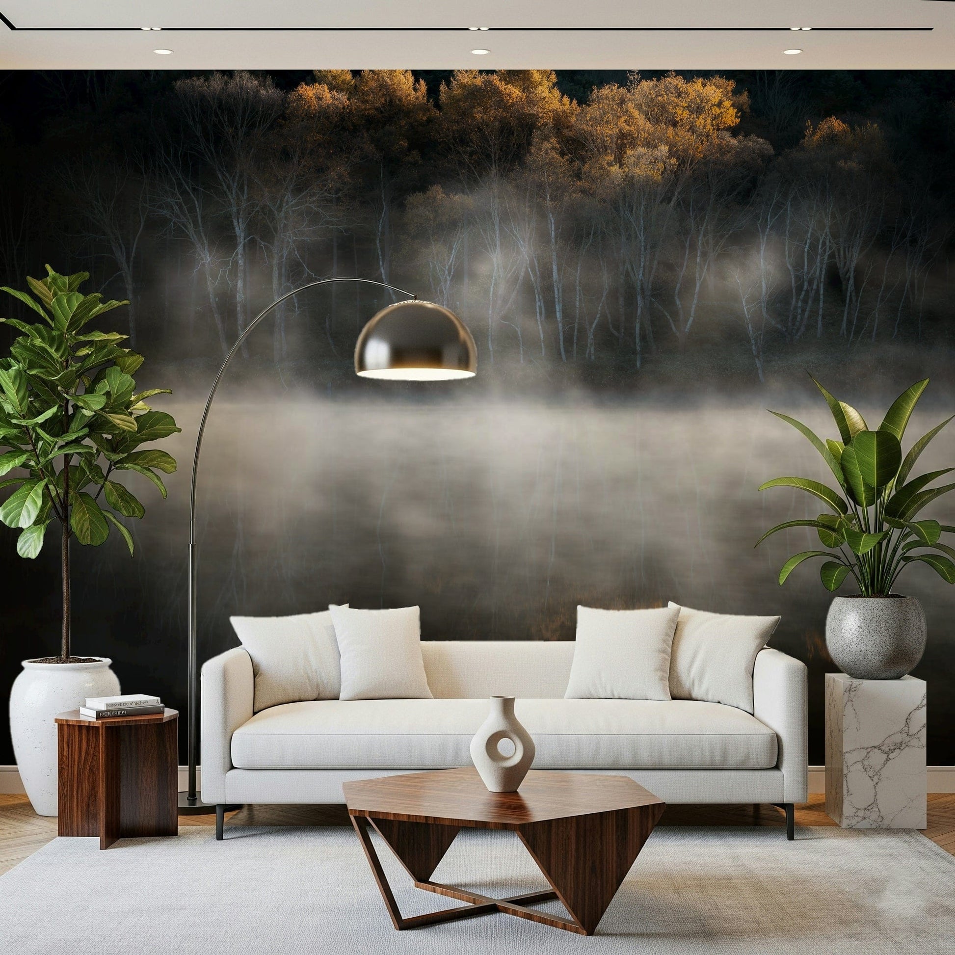 Serene morning light on the treetops Mist and Light Woodland artistic wallpaper.