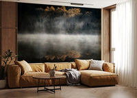 Calm, dark water reflecting orange Mist and Light Woodland wall adornment.