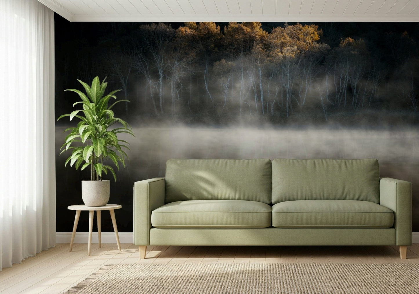 Enchanting fog layer on the lake Mist and Light Woodland large room mural.