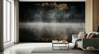 Still lake mirroring bright foliage Mist and Light Woodland feature wall art.