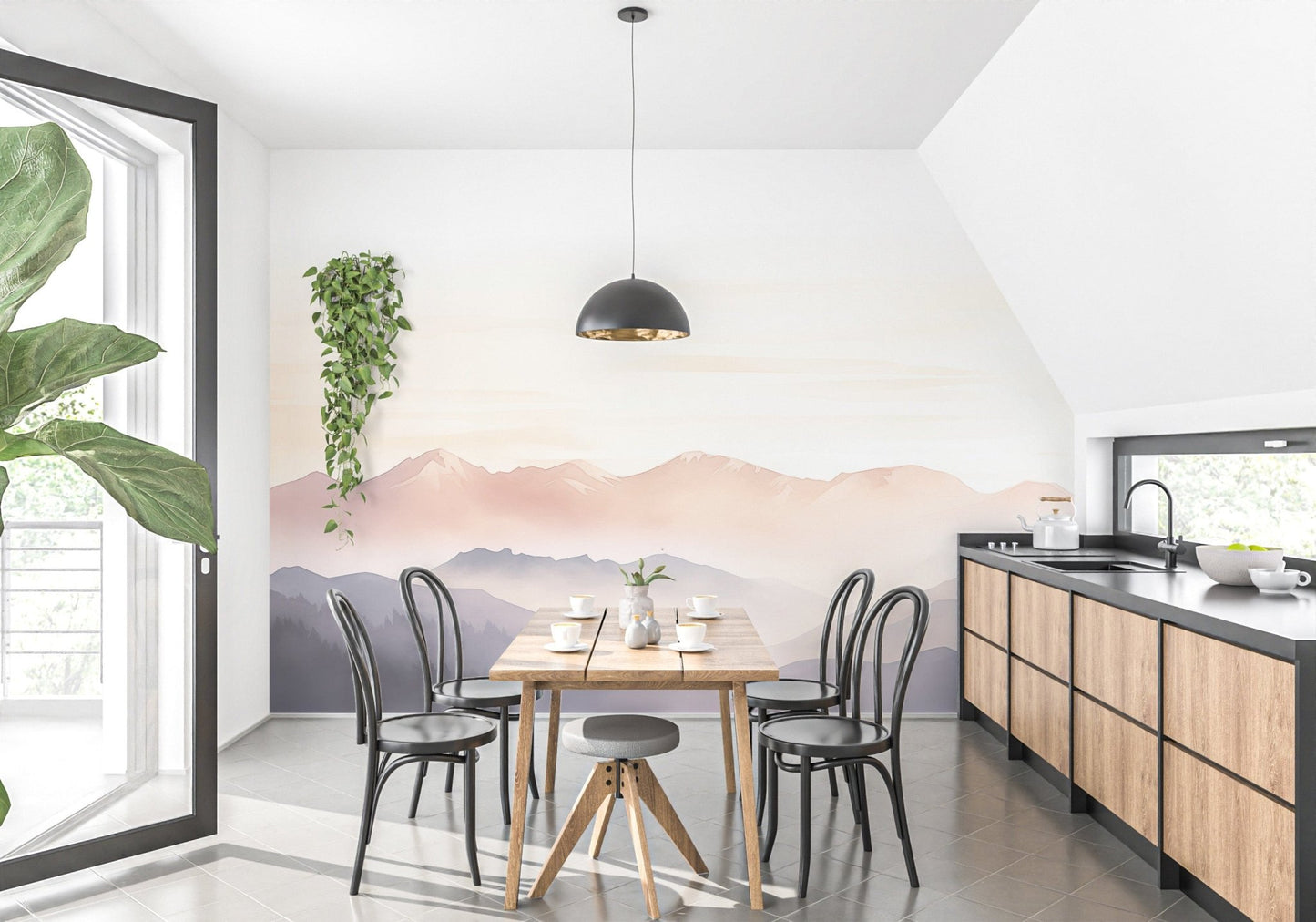 Kitchen feels serene with soft mountain wallpaper designs C449