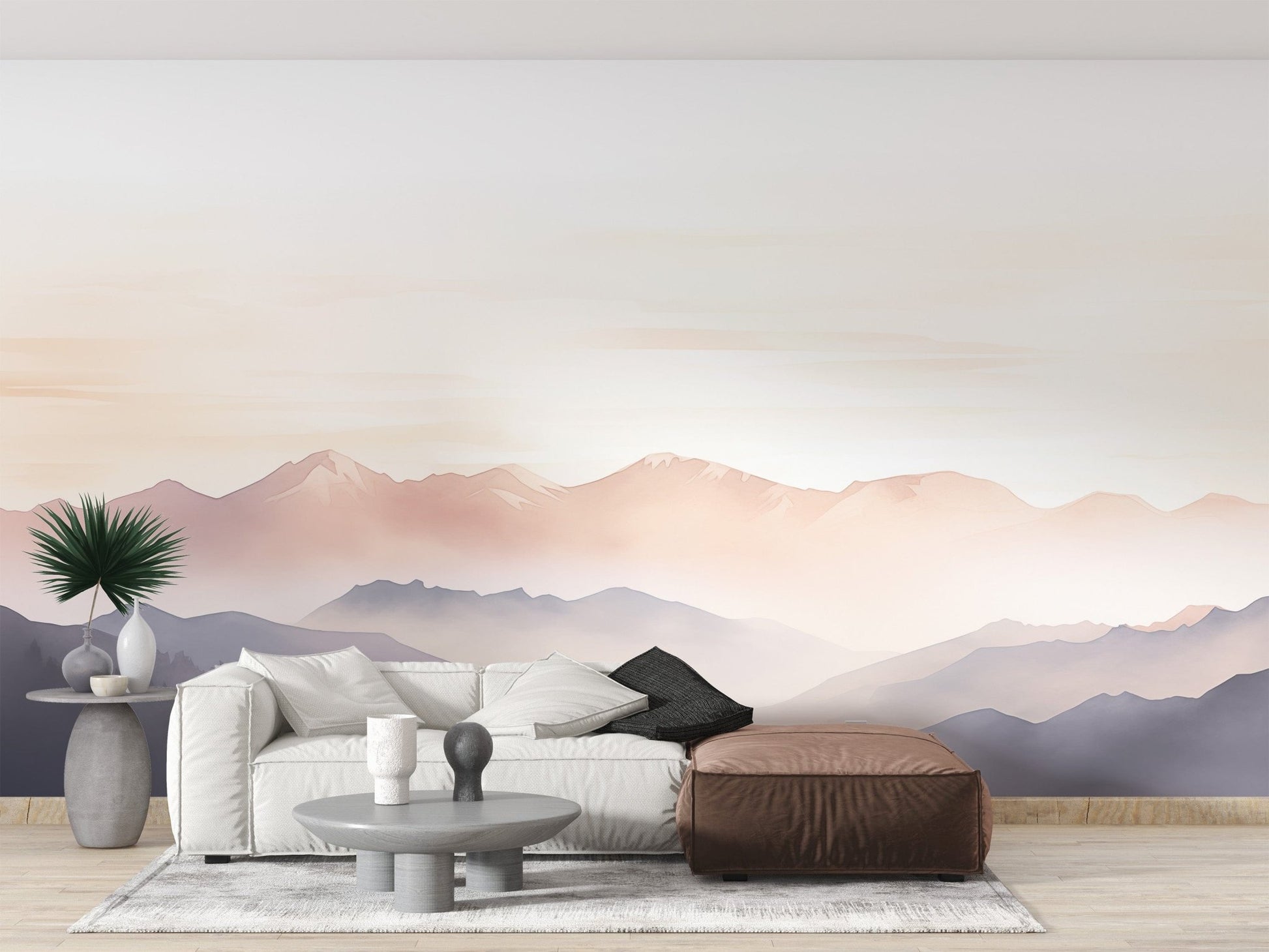 Living room glows with misty mountain wallpaper patterns C449