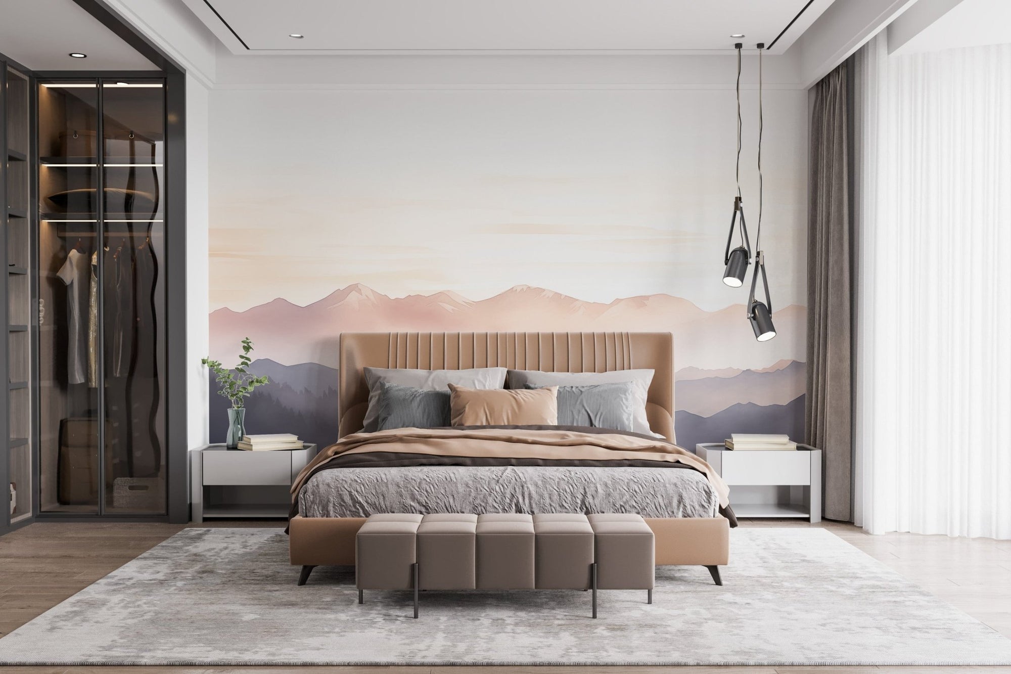 Mist mountain mural adds tranquility to bedroom walls C449