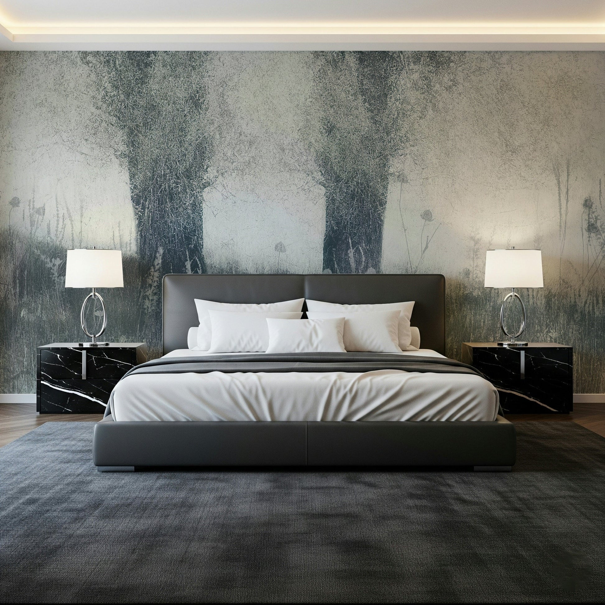 A serene subtle forest wall mural with an elegant, hazy effect.