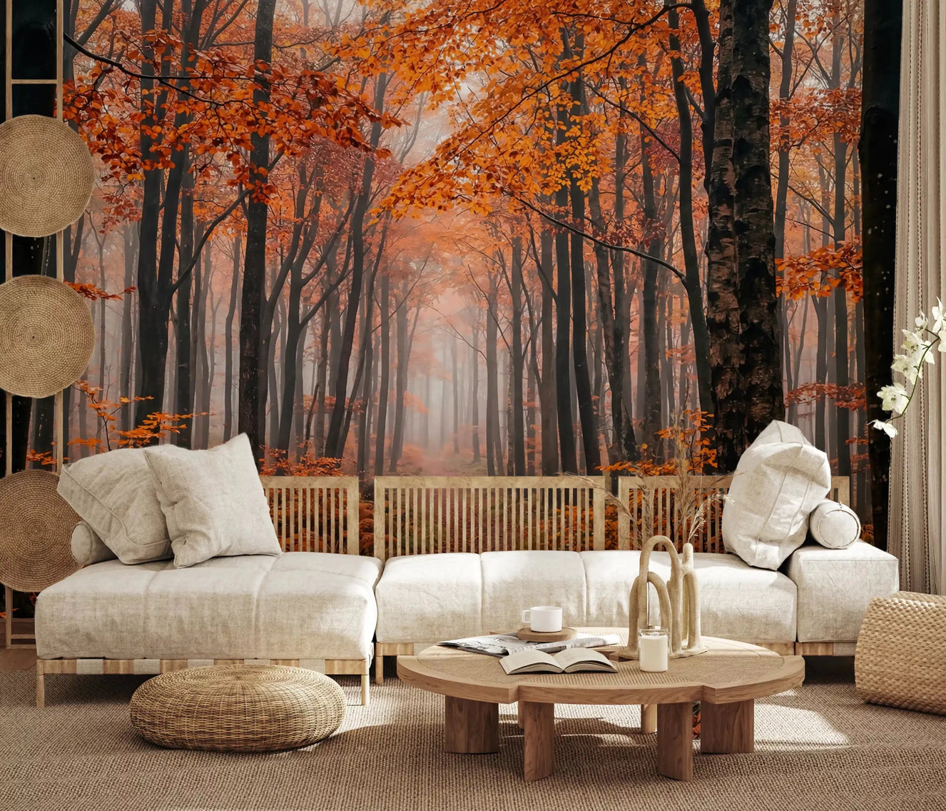 Hallway featuring Misty Forest Path wall mural with tall trees
