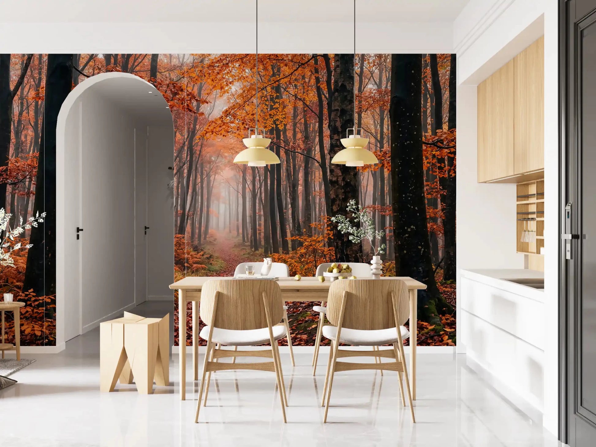 Woodland scene shown in Misty Autumn Forest Path wall mural, GD9326