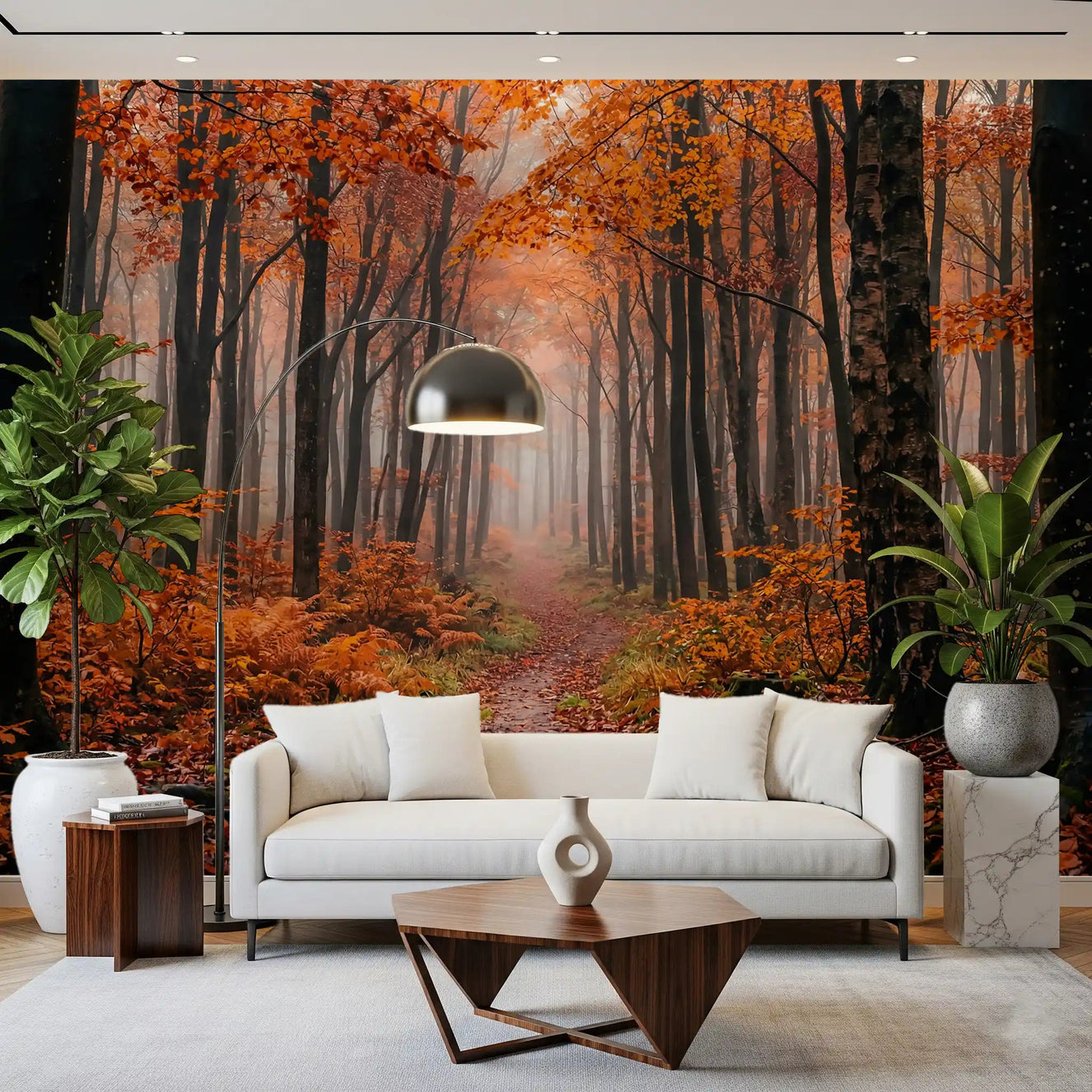 Office wall finished in Misty Autumn wall mural with woodland depth