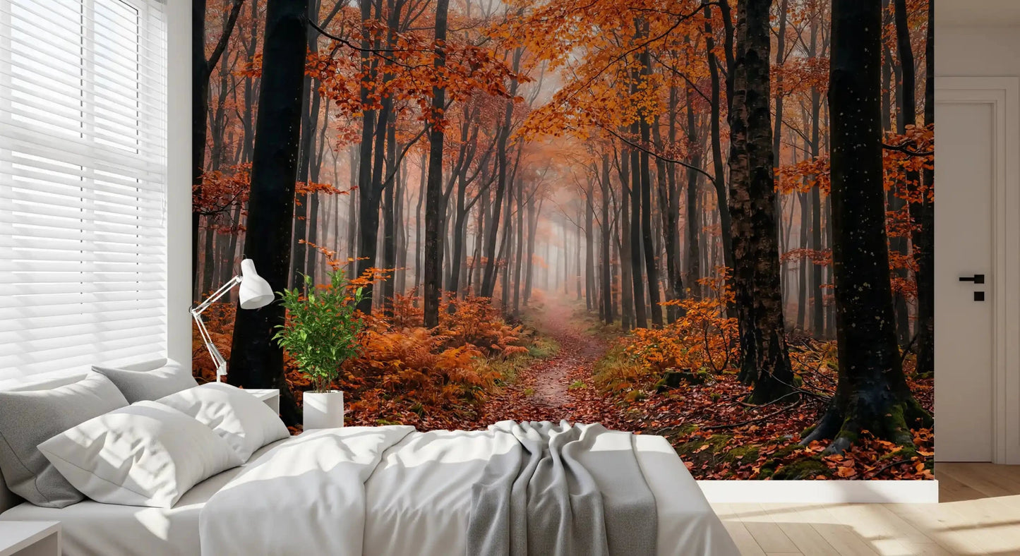 Bedroom styled with Autumn Forest Path wall mural and soft mist, GD9326