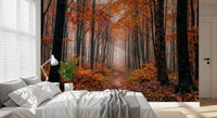 Bedroom styled with Autumn Forest Path wall mural and soft mist, GD9326