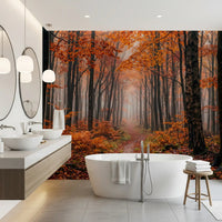 Tree-lined depth in Misty Autumn wall mural with earthy tones, GD9326