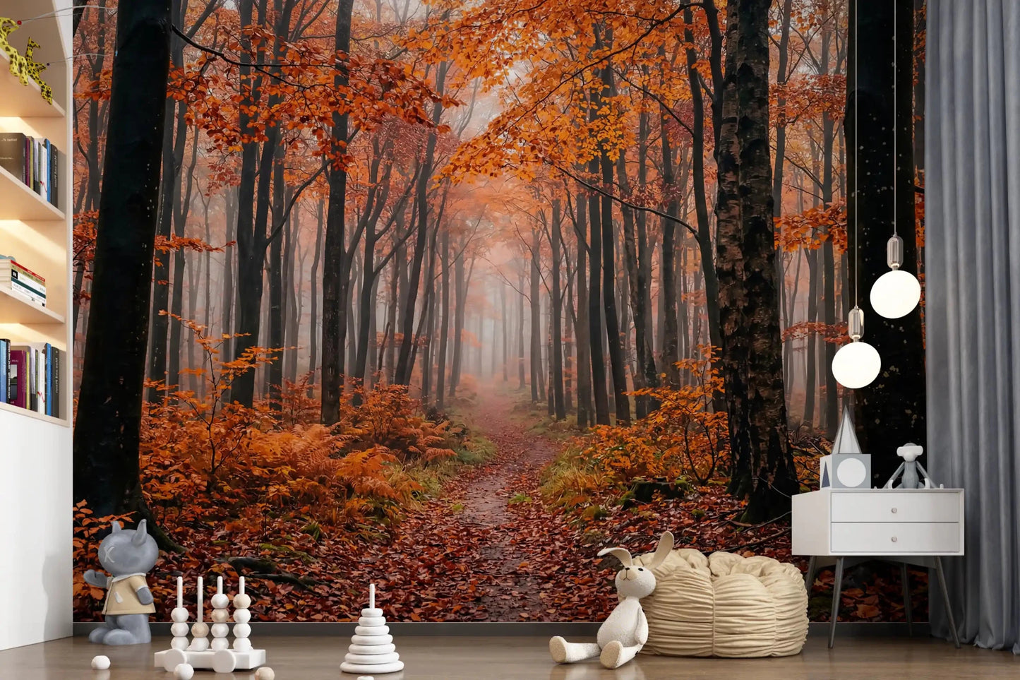 Scenic woodland view from Misty Autumn Forest Path wall mural, GD9326