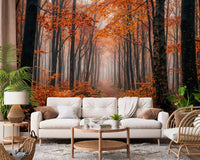 Warm foliage detail across Misty Forest Path wall mural, GD9326