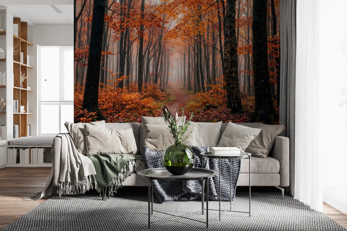 Living room with Misty Autumn Forest Path wall mural in warm tones, GD9326