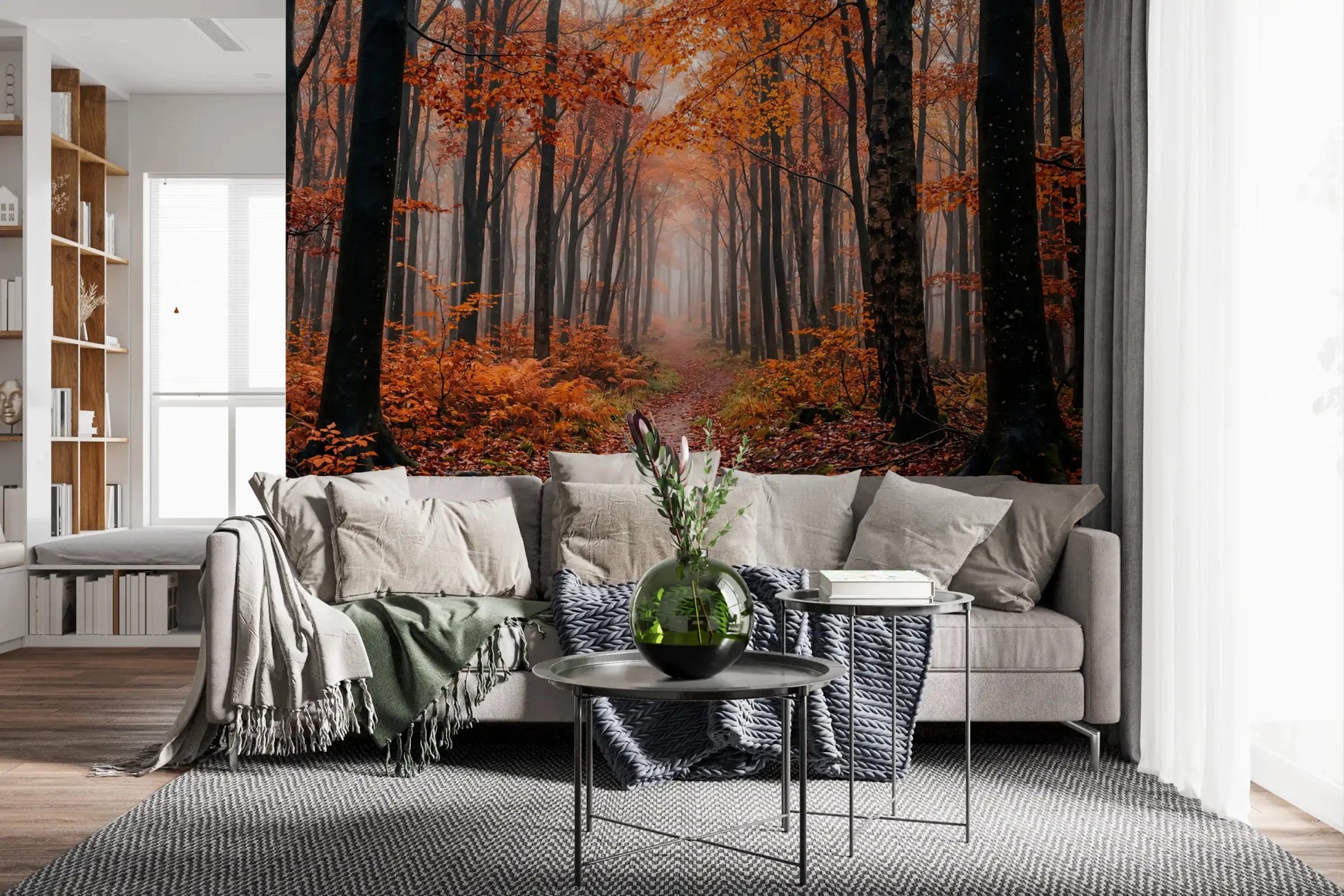 Living room with Misty Autumn Forest Path wall mural in warm tones, GD9326