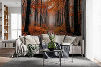 Living room with Misty Autumn Forest Path wall mural in warm tones, GD9326