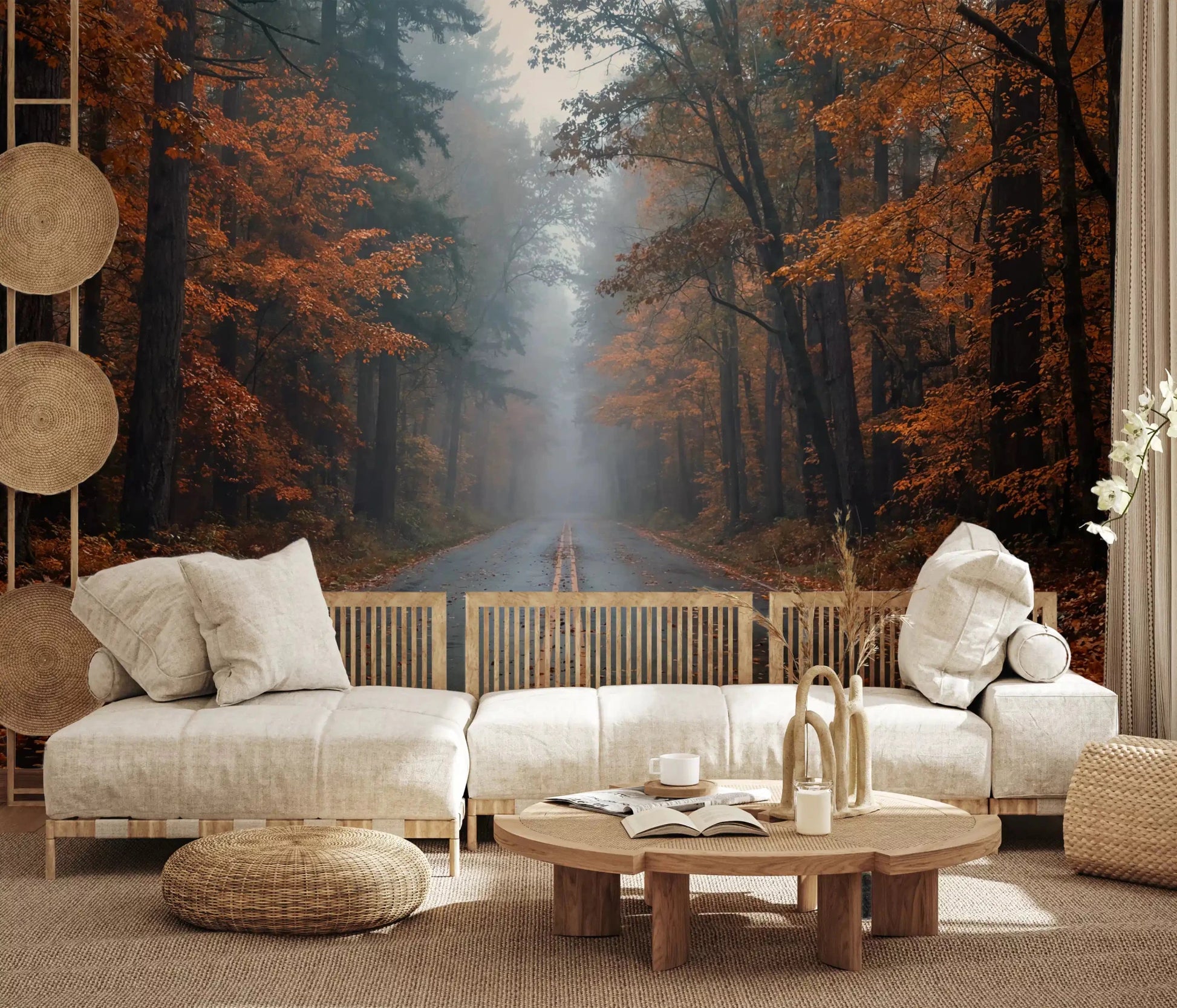 Misty Autumn Forest Road Wall Mural