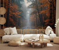 Misty Autumn Forest Road Wall Mural