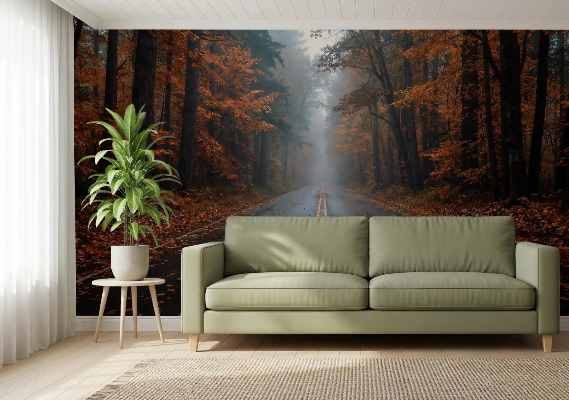 Misty Autumn Forest Road Wall Mural