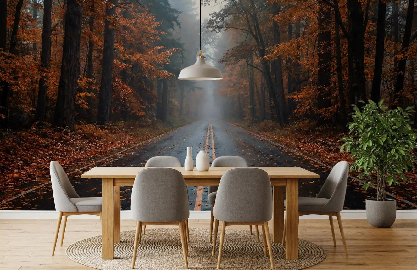 The dining room takes a moody seasonal turn with a Misty Autumn Forest Road wall mural