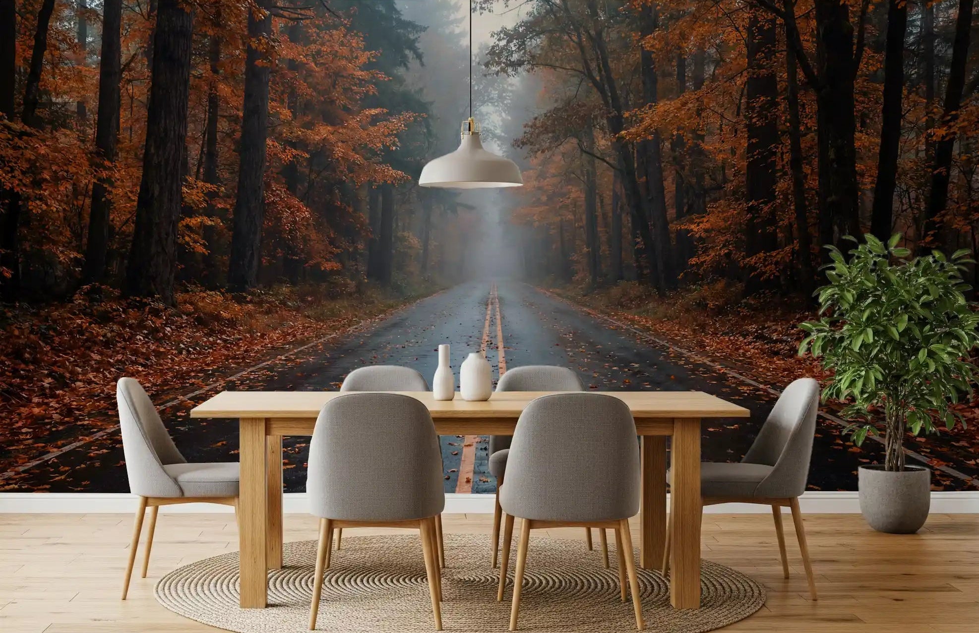 The dining room takes a moody seasonal turn with a Misty Autumn Forest Road wall mural, GD9066