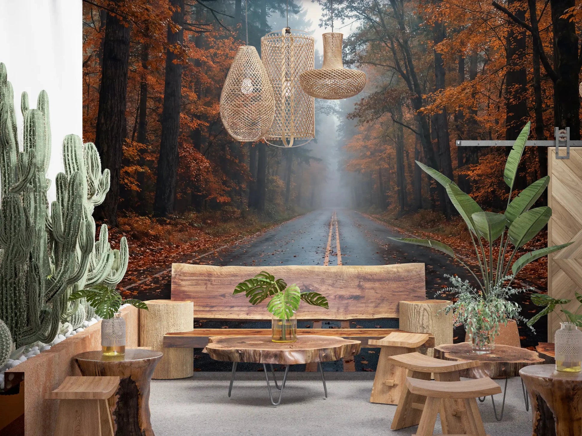 Misty Autumn Forest Road Wall Mural
