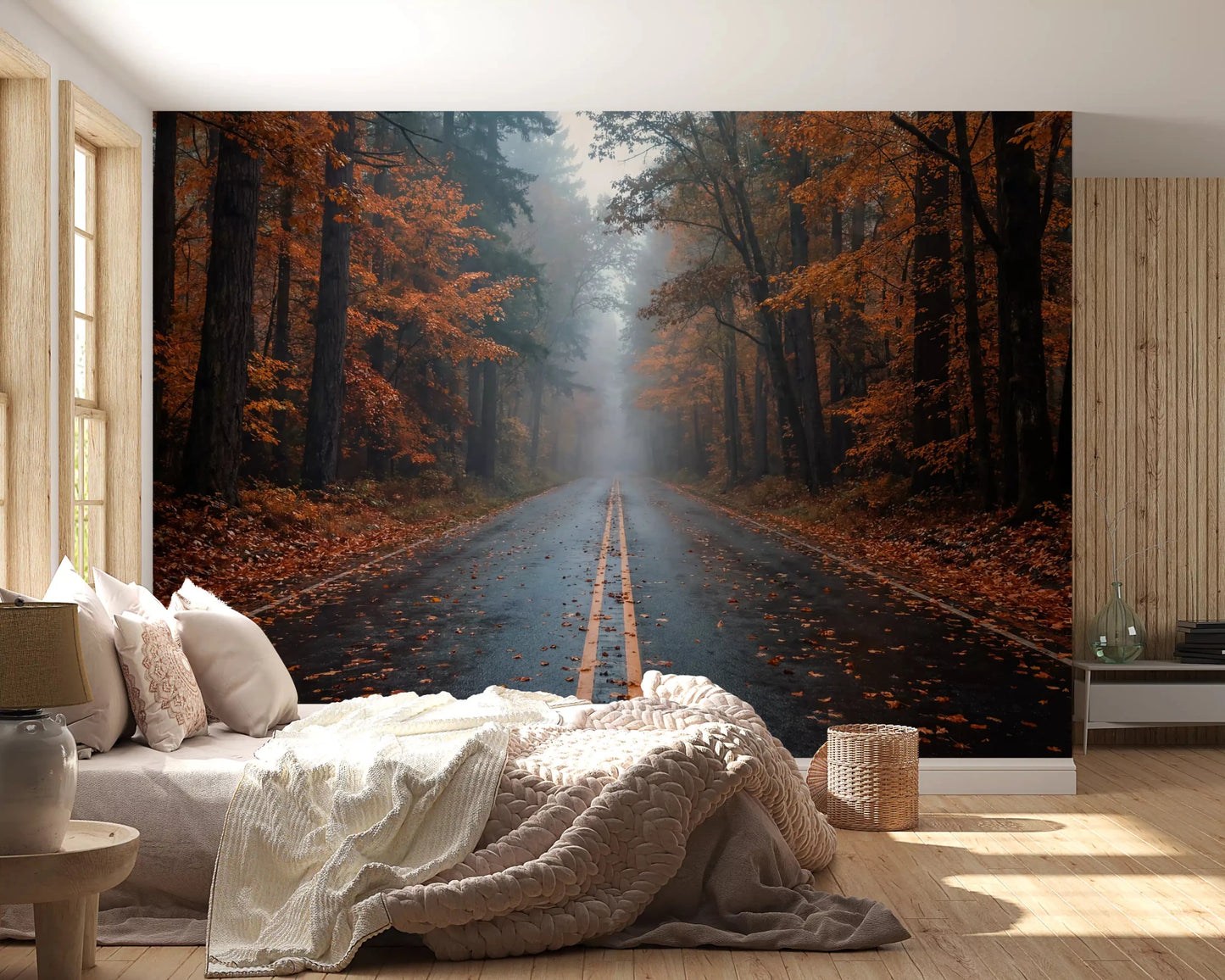 Misty Autumn Forest Road Wall Mural