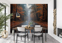 Misty Autumn Forest Road Wall Mural