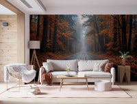Misty Autumn Forest Road Wall Mural