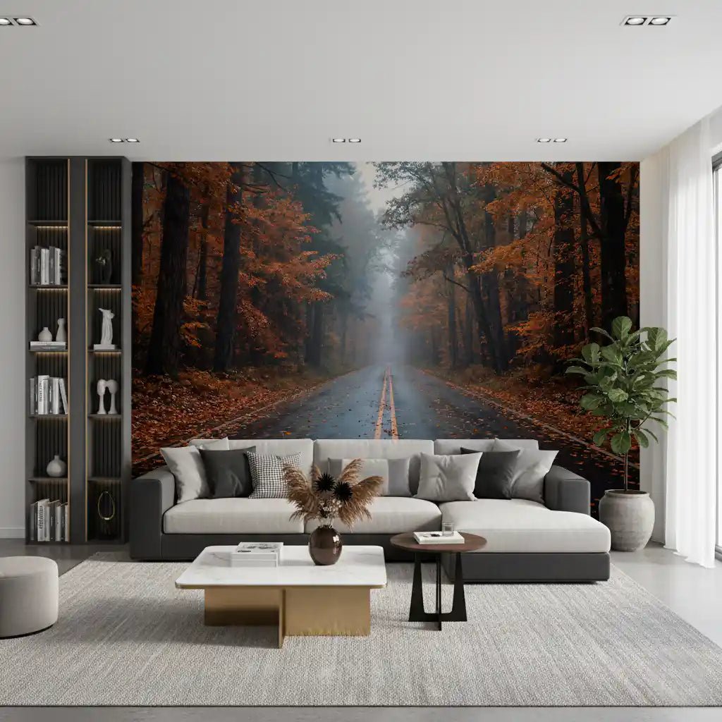 Misty Autumn Forest Road Wall Mural