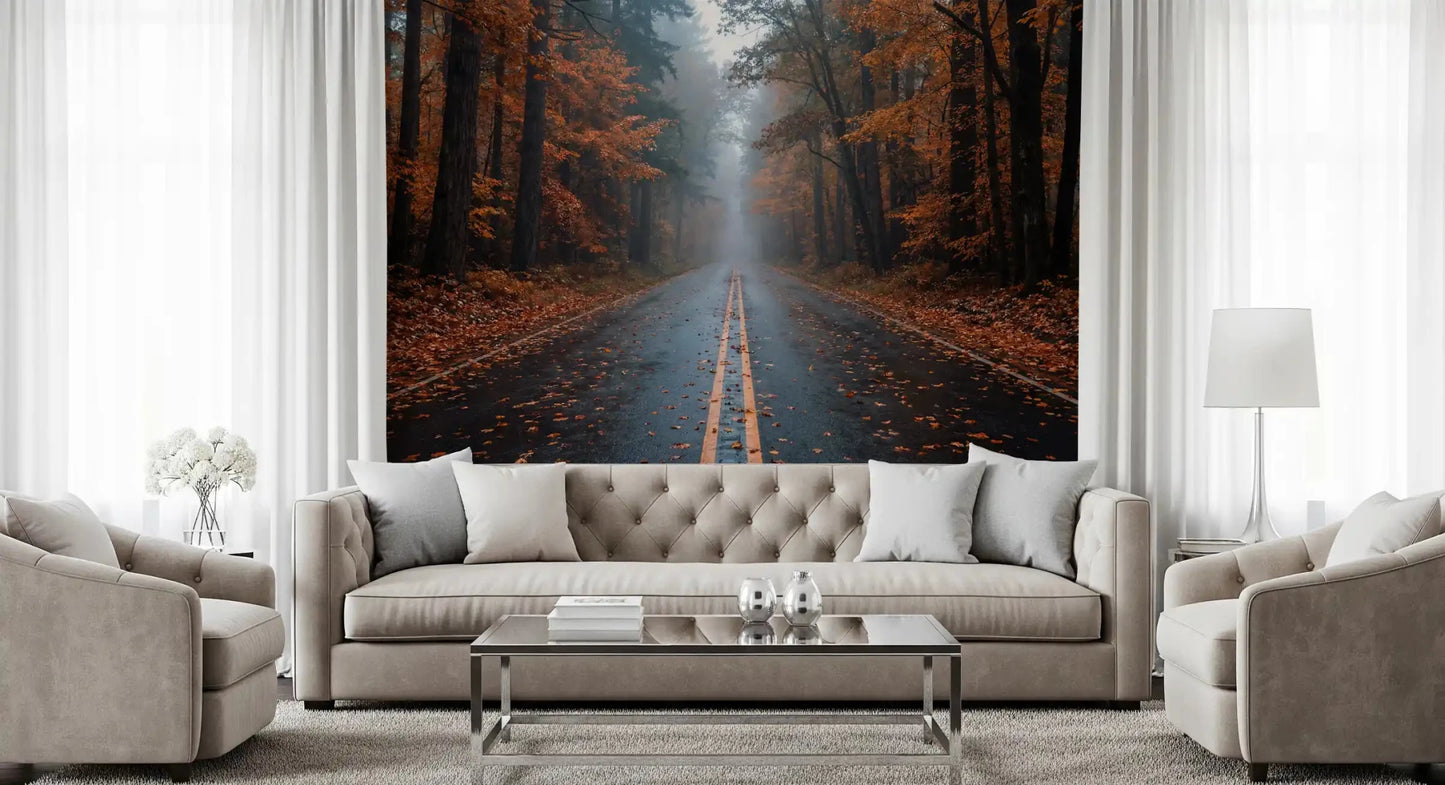 Misty Autumn Forest Road Wall Mural