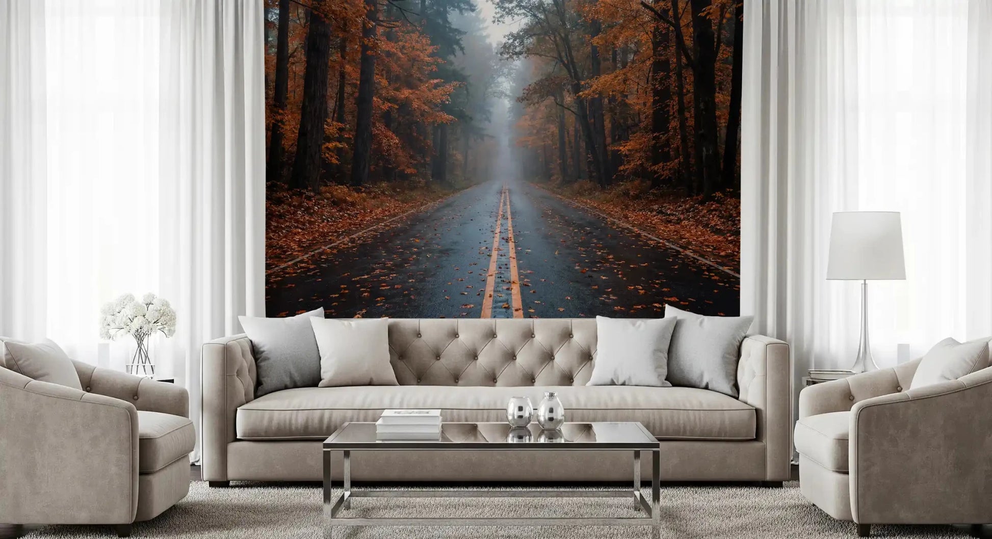 Misty Autumn Forest Road Wall Mural