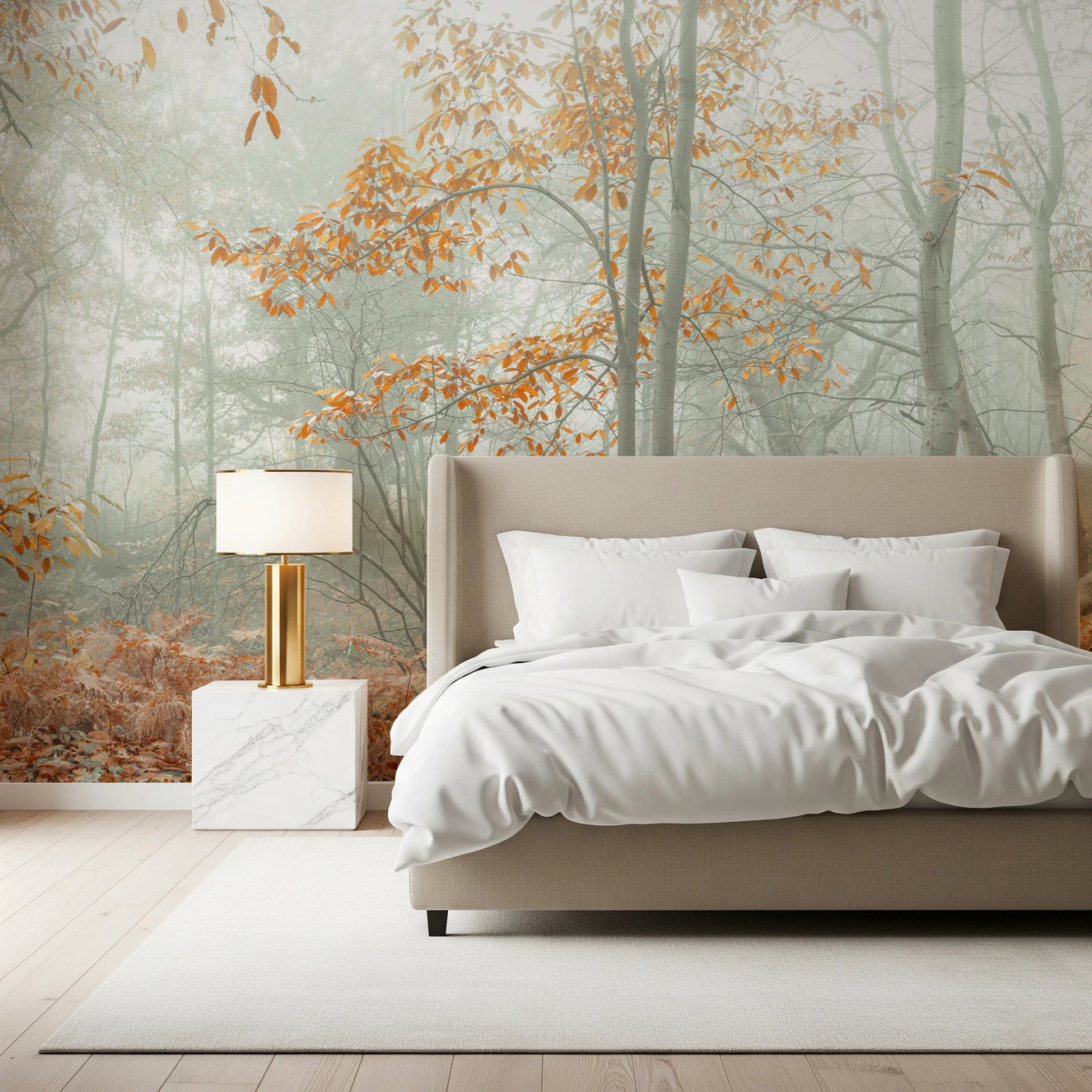 Bedroom with Misty Autumn Wall Mural showing foggy forest trees