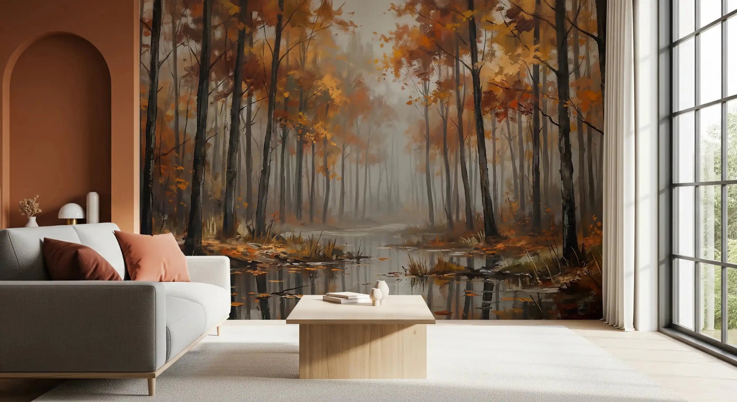 Autumn forest wall mural with Misty Autumn Reflections soft tones