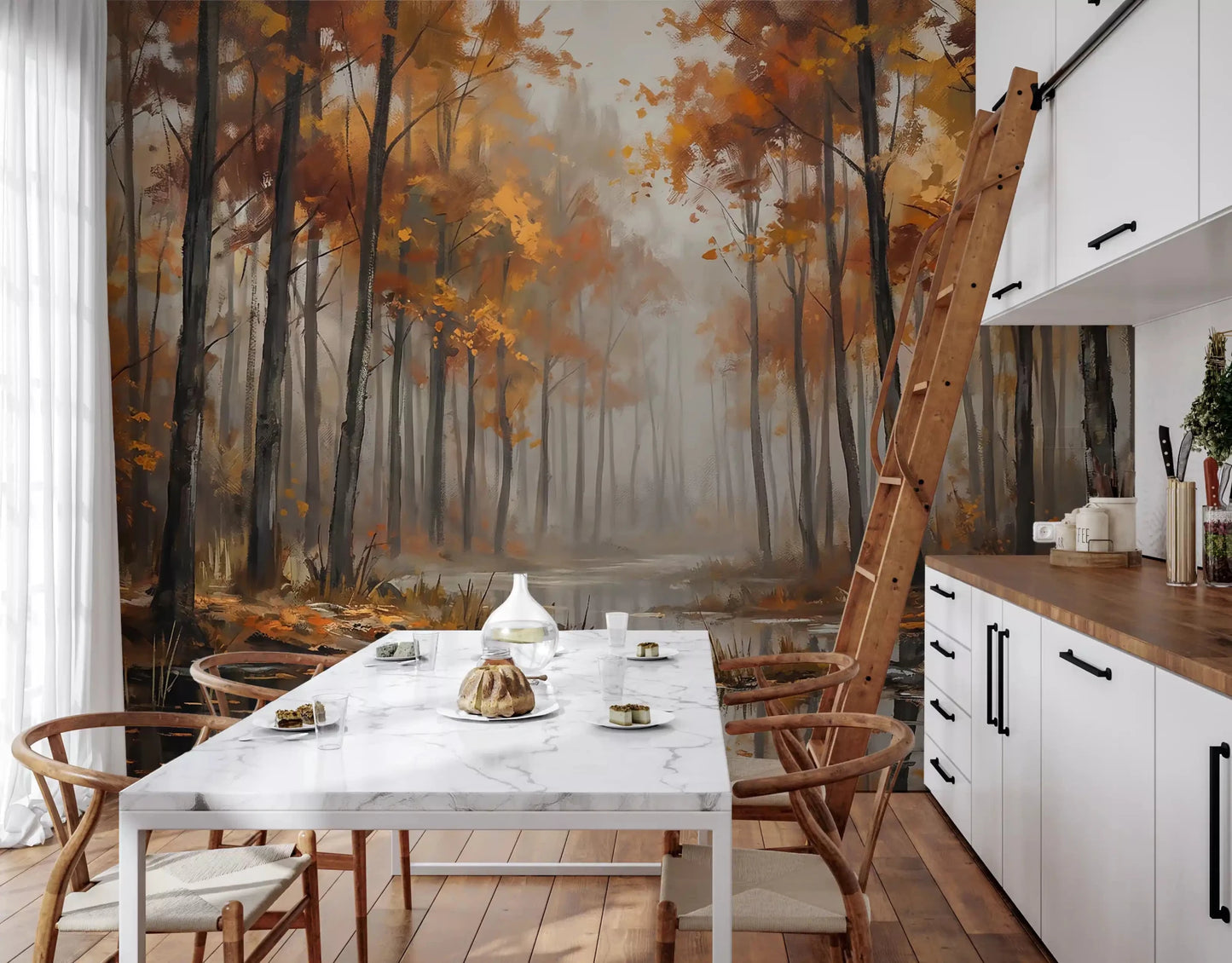 Misty Autumn Reflections wall mural showing foggy forest and still water