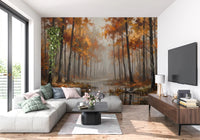 Living room styled with Misty Autumn Reflections wall mural foggy forest