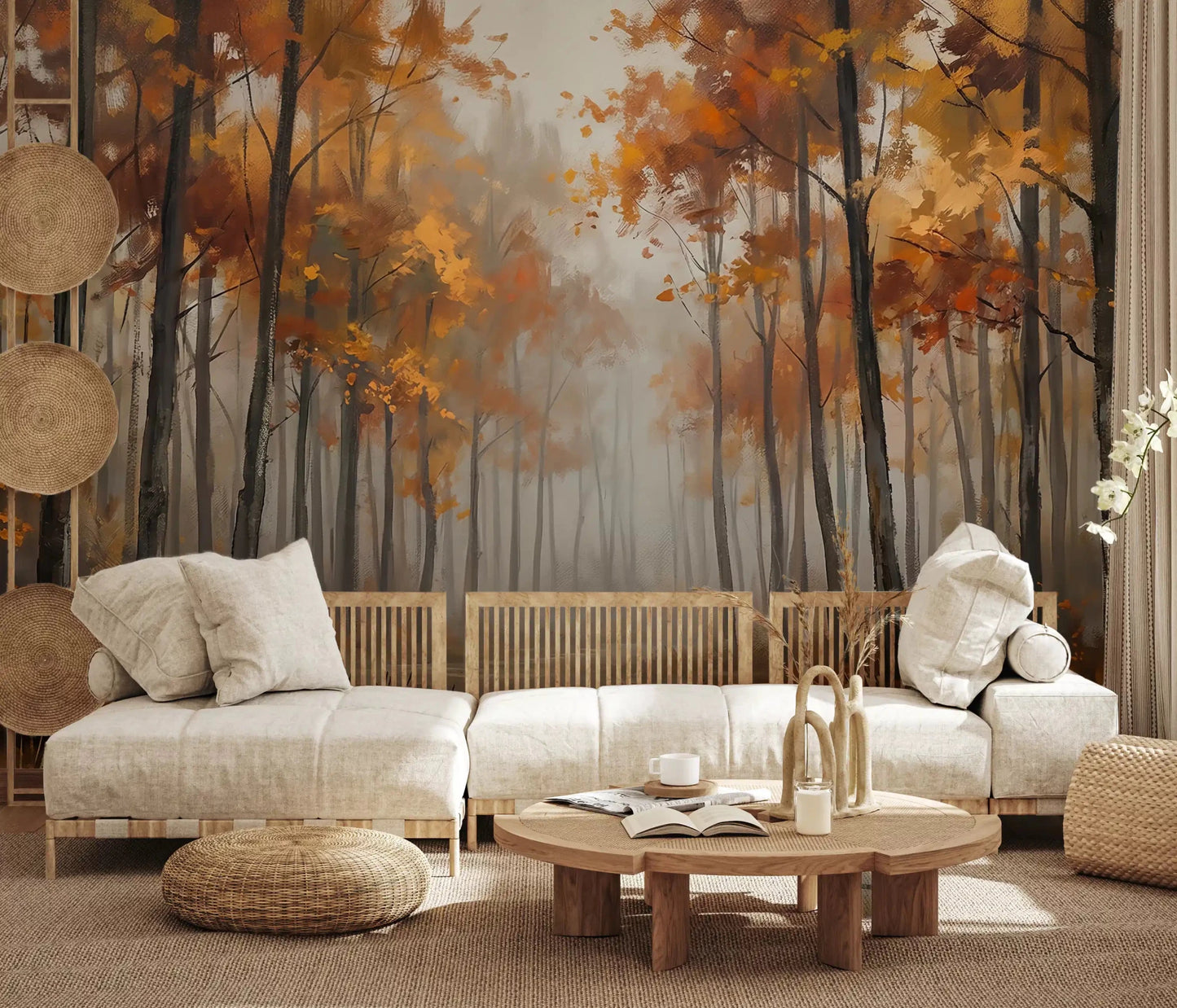 Foggy woodland wall mural with Misty Autumn Reflections natural setting
