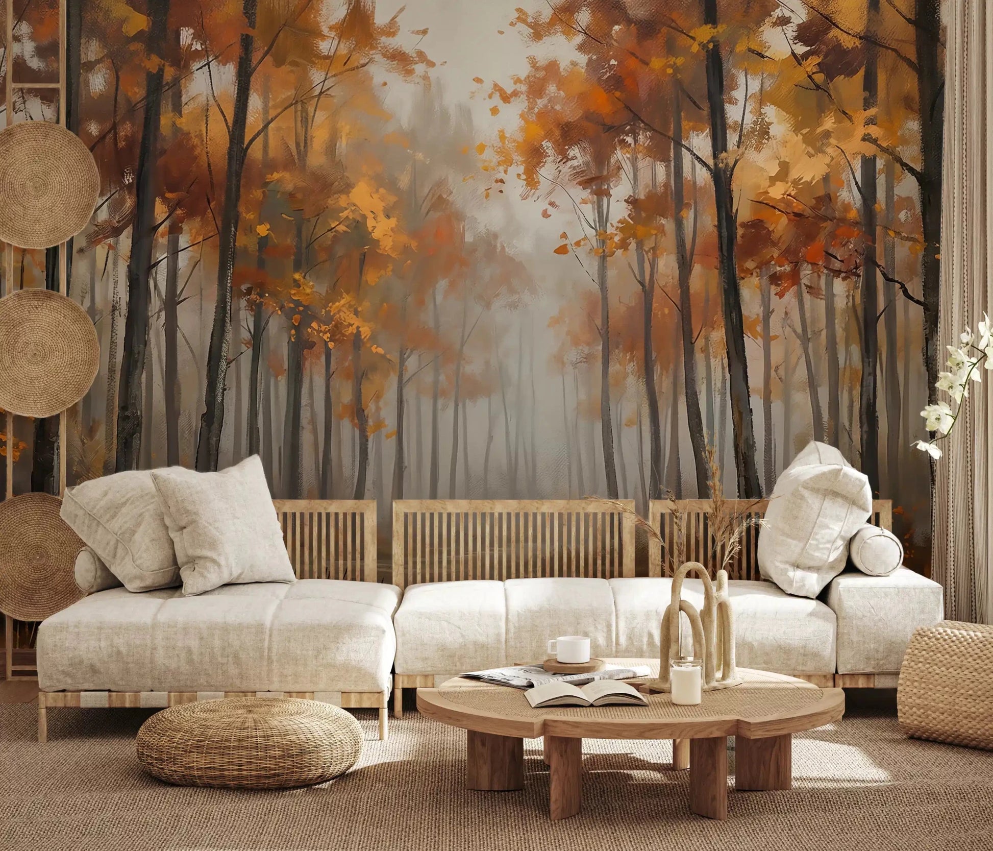 Foggy woodland wall mural with Misty Autumn Reflections natural setting