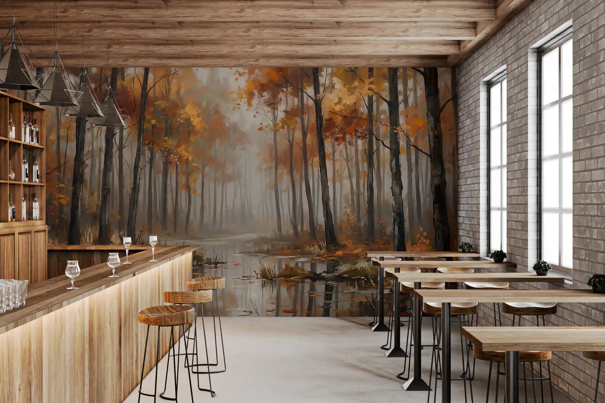 Misty Autumn Reflections wall mural with subtle leaves and reflections