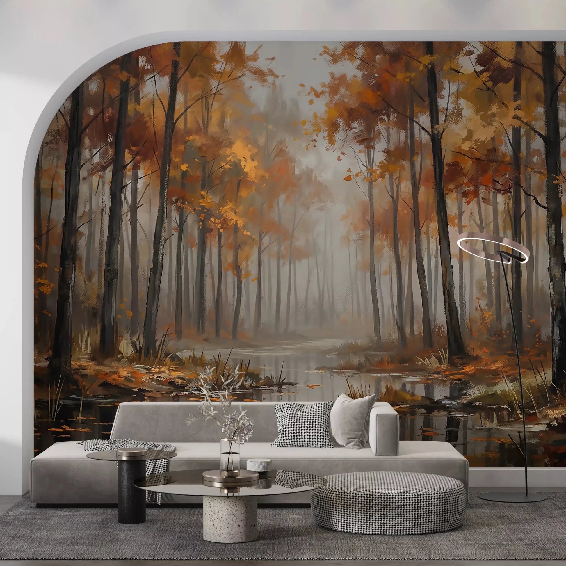 Living room setup with Misty Autumn Reflections wall mural woodland scene