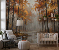 Hallway design using Misty Autumn Reflections wall mural water reflection