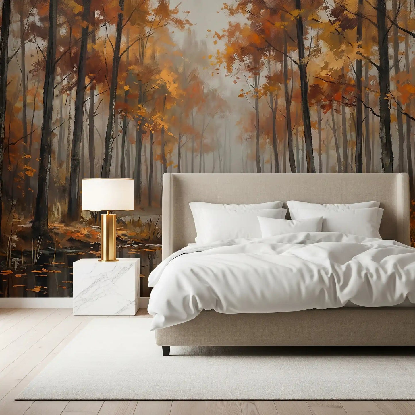 Bedroom wall featuring Misty Autumn Reflections wall mural calm trees