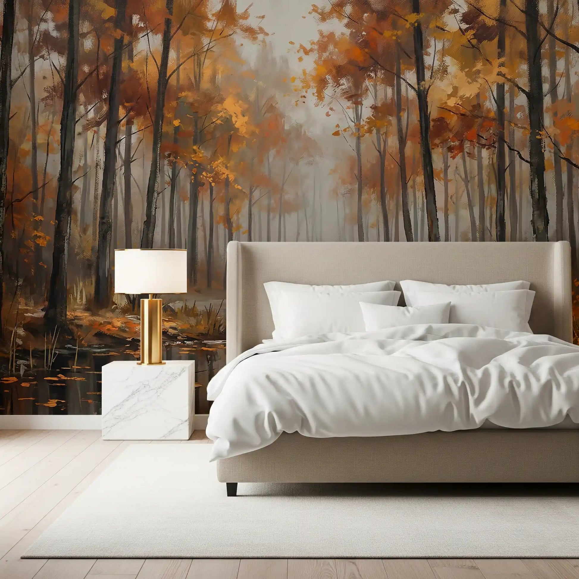Bedroom wall featuring Misty Autumn Reflections wall mural calm trees