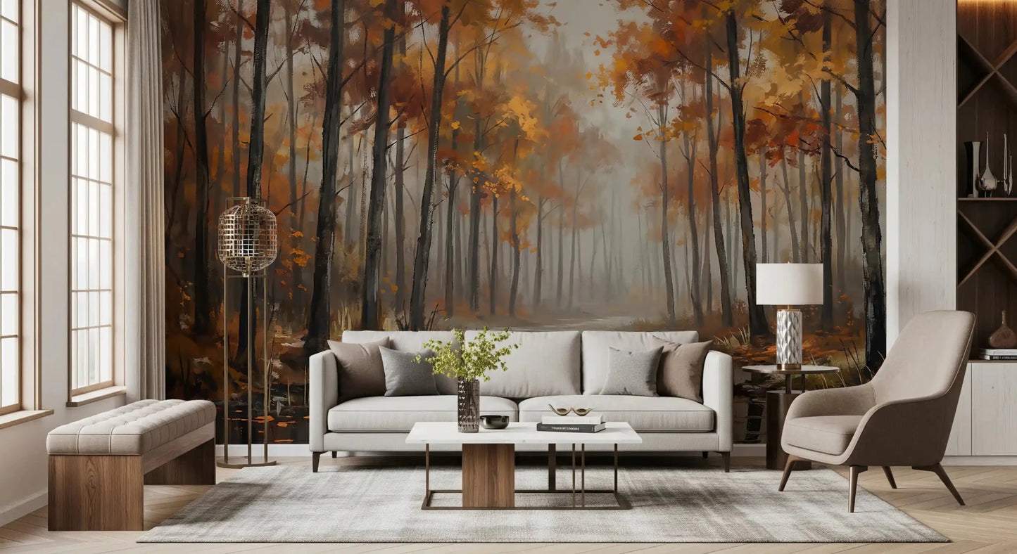 Misty Autumn Reflections wall mural featuring trees and water mirror